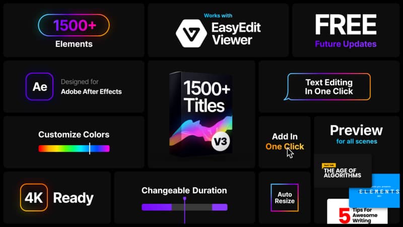 AE文字模板,超级实用1500+视频标题字幕动画大全素材包 Titles Pro V3